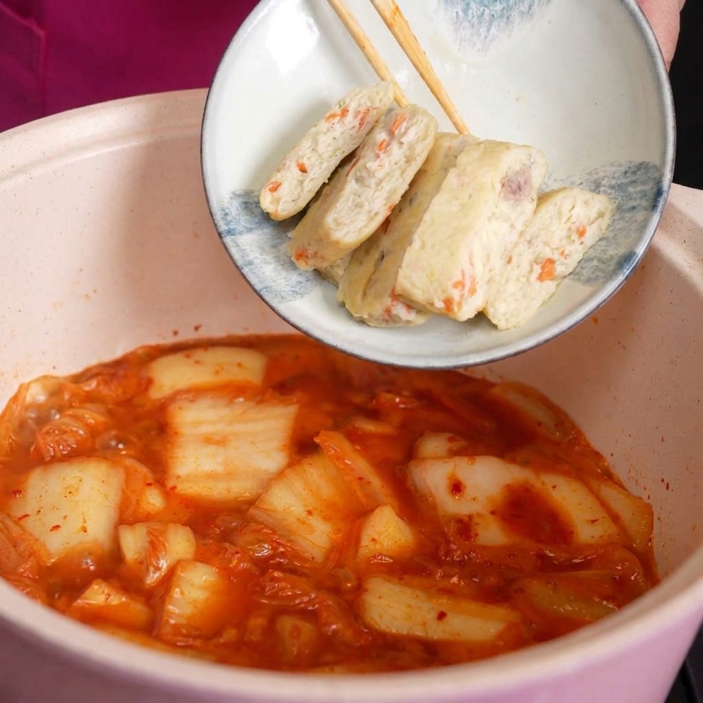 Un tazón blanco con pasteles de pescado en rodajas con trozos visibles de zanahoria vaciándose en una olla hirviendo de sopa de kimchi roja.