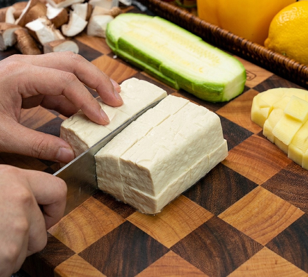 Una mano sosteniendo un bloque de tofu blanco firme mientras lo corta en cubos uniformes sobre una superficie de madera de preparación.