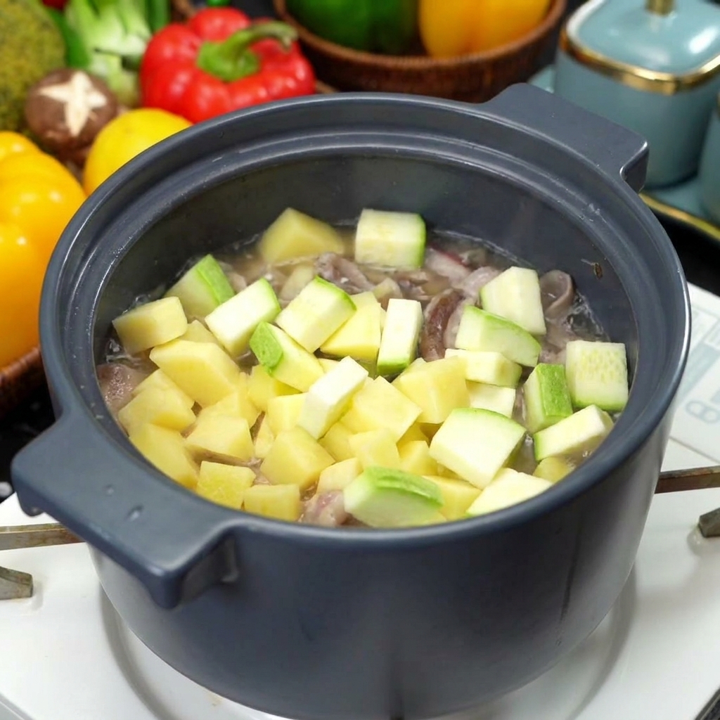 Cubos de patata cruda y calabacín verde siendo agregados a una olla oscura que contiene láminas de carne salteadas.