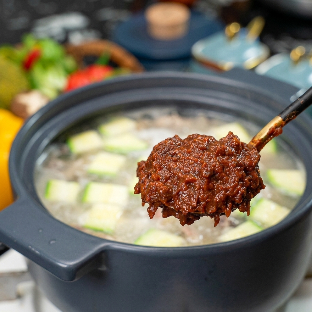 Una cuchara de metal grande sosteniendo una porción de pasta de soja coreana espesa, de color marrón oscuro y textura rugosa, sobre una olla de agua hirviendo con verduras.