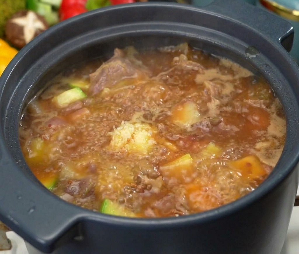 Una cucharada de ajo picado colocada sobre una olla hirviendo de sopa de pasta de soja coreana con carne y trozos visibles de calabacín.