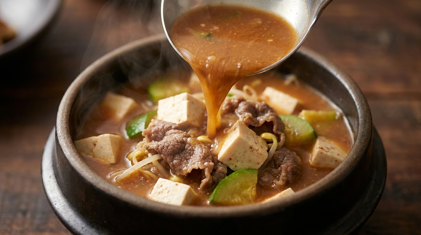 Un tazón humeante de Doenjang-jjigae de res que muestra el rico caldo de pasta de soja con tofu y tiernas láminas de carne.
