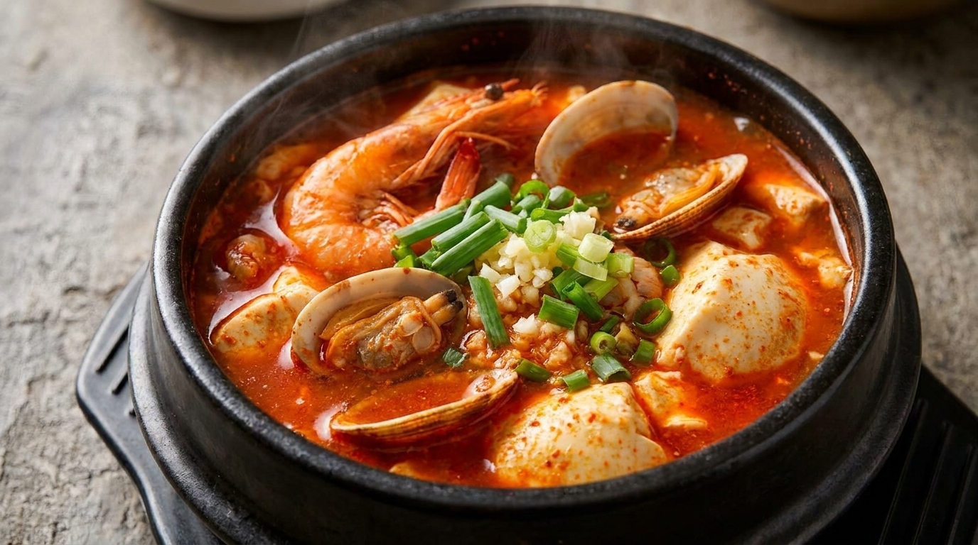 Una olla de piedra hirviente de Sundubu-jjigae con un sedoso tofu blando, camarones frescos y almejas en un caldo picante.