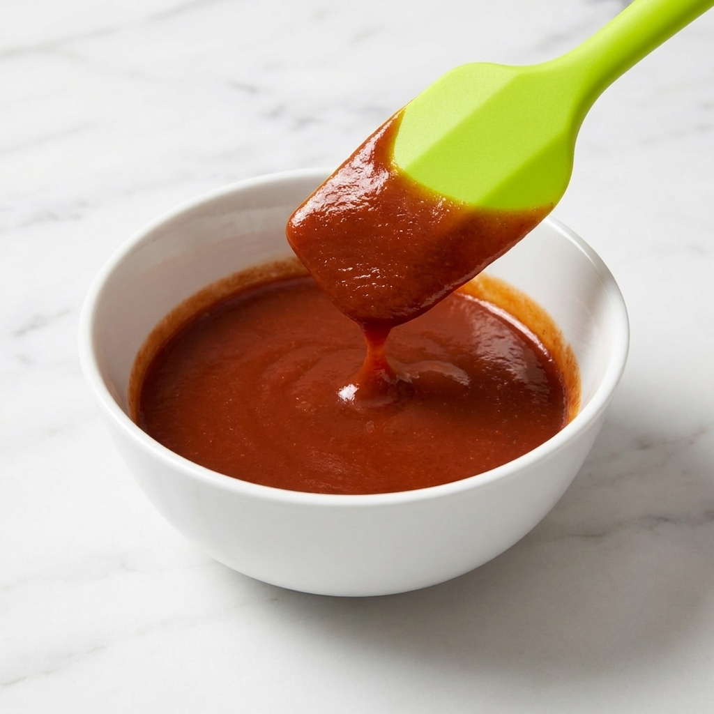 Un bol blanco que contiene una salsa de condimento rojo brillante y suave que se mezcla con una espátula de silicona verde claro.