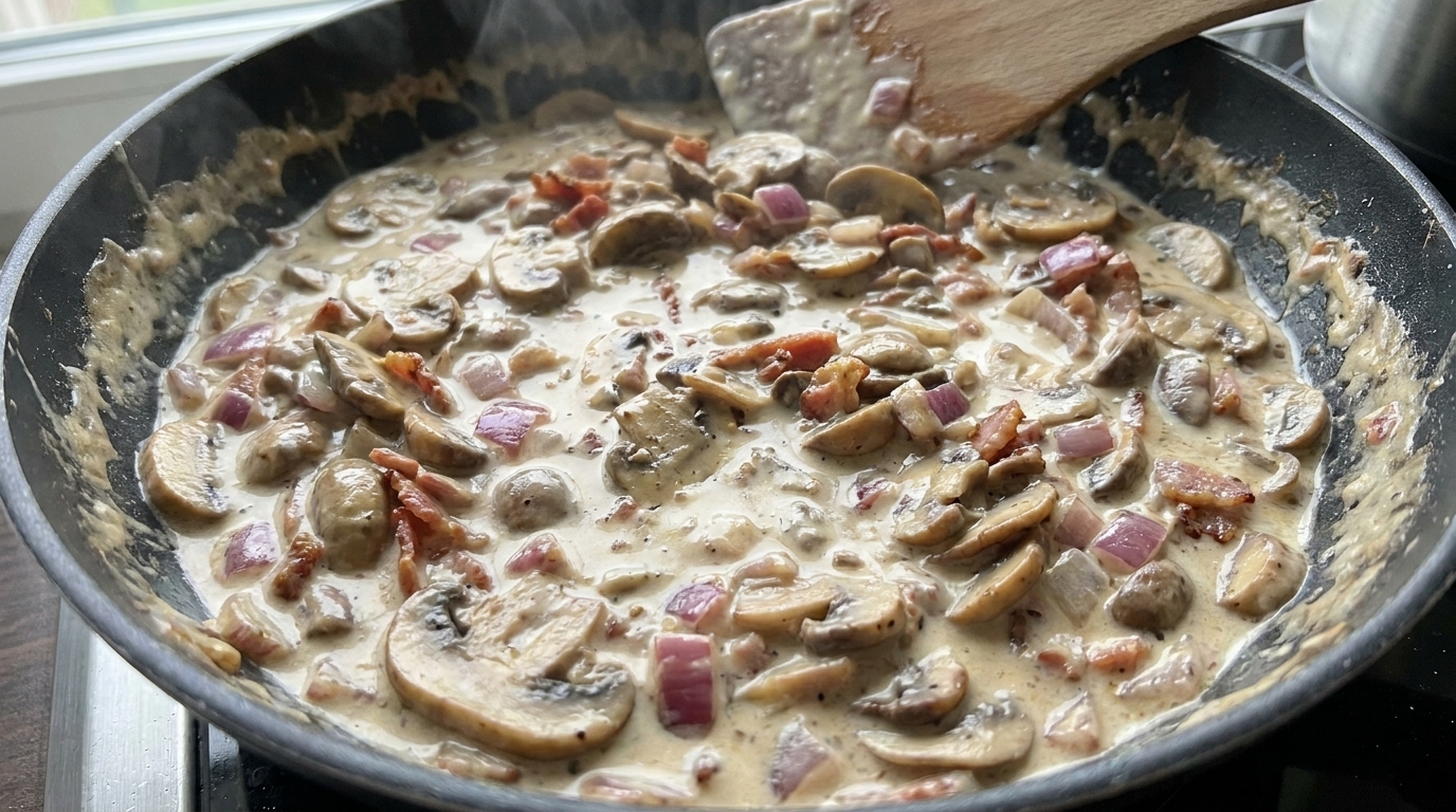 Salsa cremosa de champiñones y bacon al estilo hamburguesería
