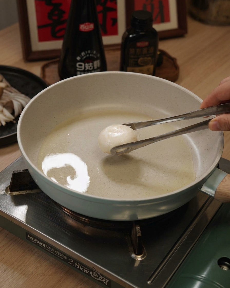 Unas pinzas de metal colocando un sombrero de champiñón fresco boca abajo en una sartén ligeramente aceitada