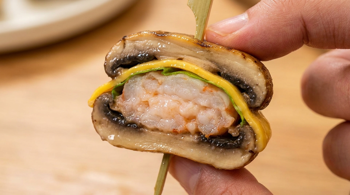 Mini hamburguesas jugosas de champiñón con pasta de camarón