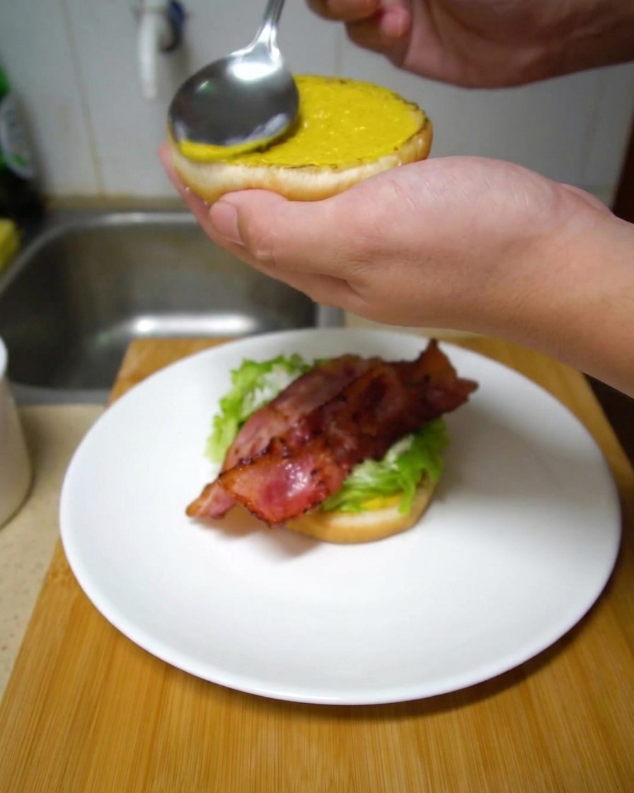 Una persona usando una cuchara plateada para cubrir el interior de un pan de hamburguesa tostado con mostaza amarilla brillante.