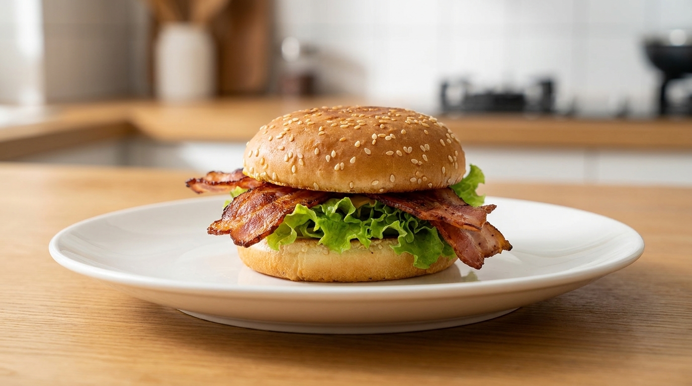 Hamburguesa fácil de tocino y lechuga con mostaza