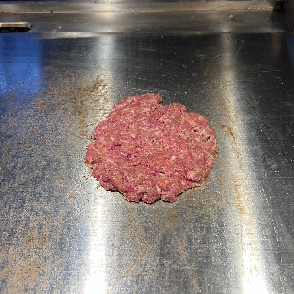 Una carne de hamburguesa aplastada en una plancha de acero inoxidable, sazonada con granos visibles de sal y pimienta negra.