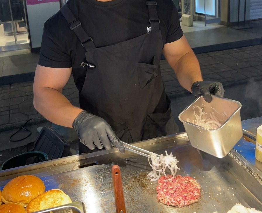 Un chef usando pinzas de metal para colocar cebolla morada finamente laminada en una plancha caliente al lado de la carne cocinándose.