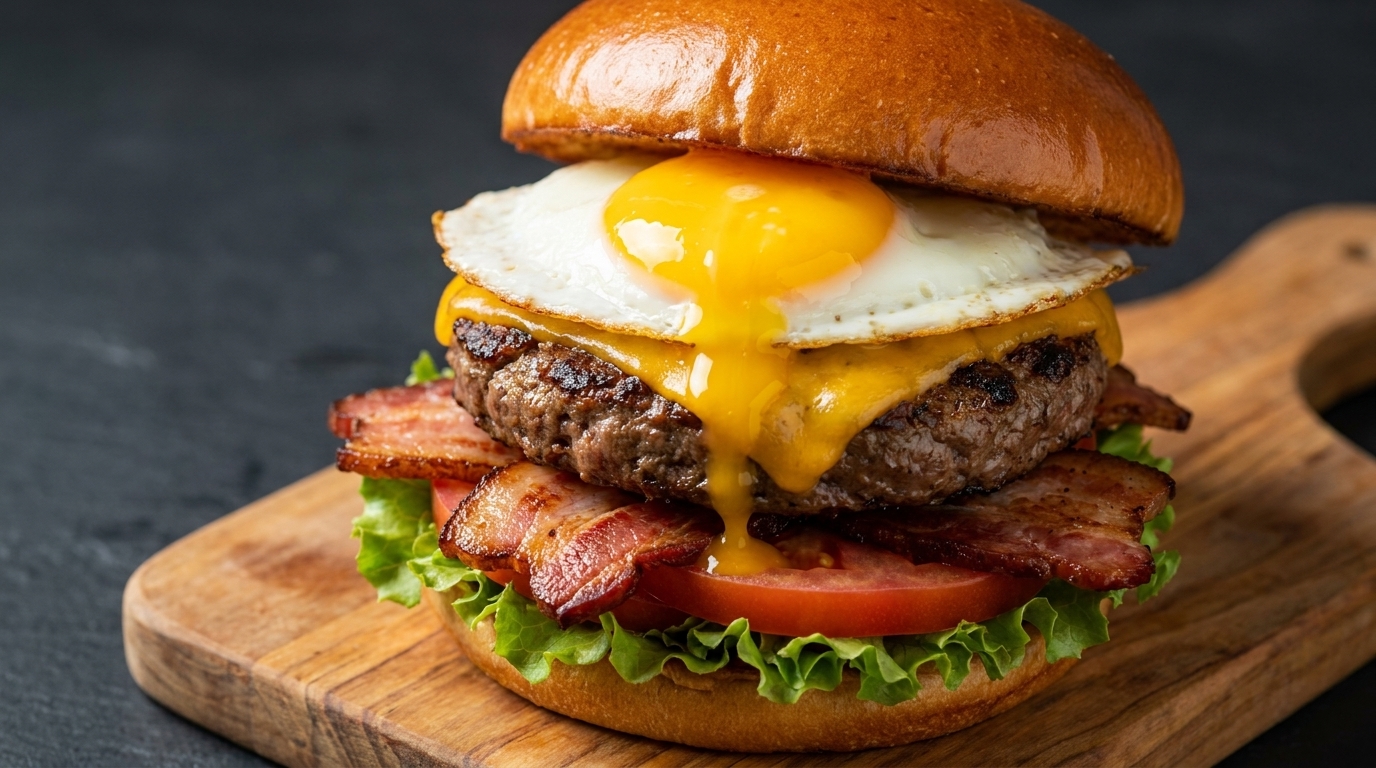 Hamburguesa gourmet con huevo frito, bacon y salsa secreta