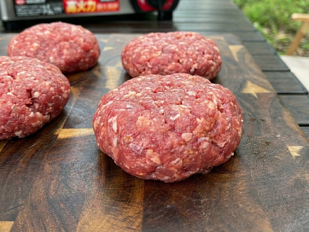 Cuatro hamburguesas crudas, gruesas y redondas, dispuestas sobre una tabla de cortar de madera oscura al aire libre.