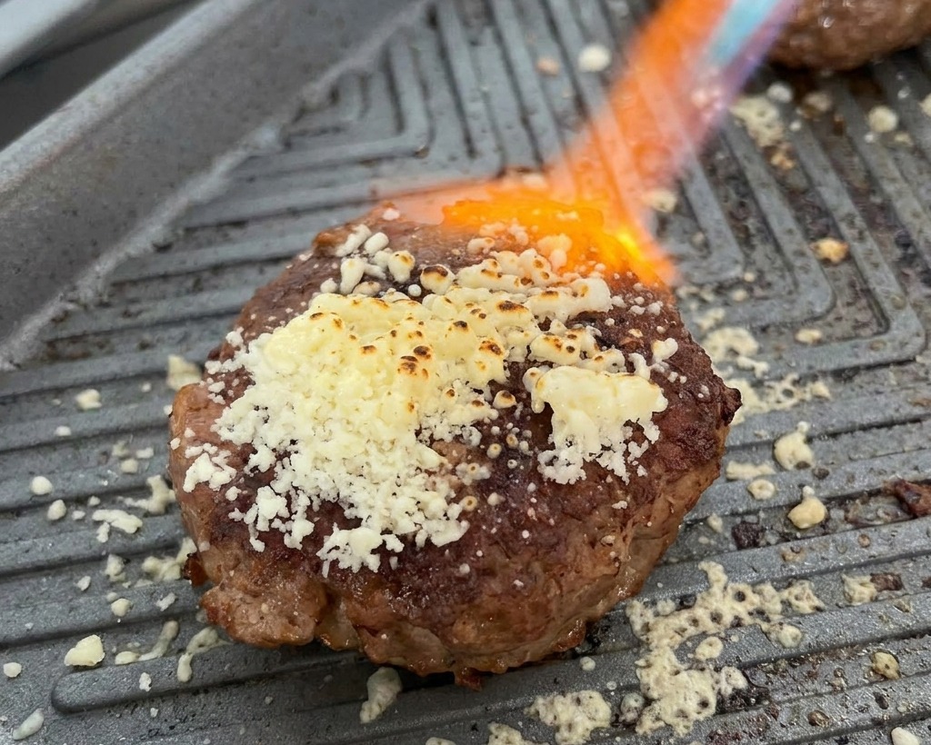 Una carne en una plancha caliente es quemada con un soplete de mano para derretir el queso rallado.