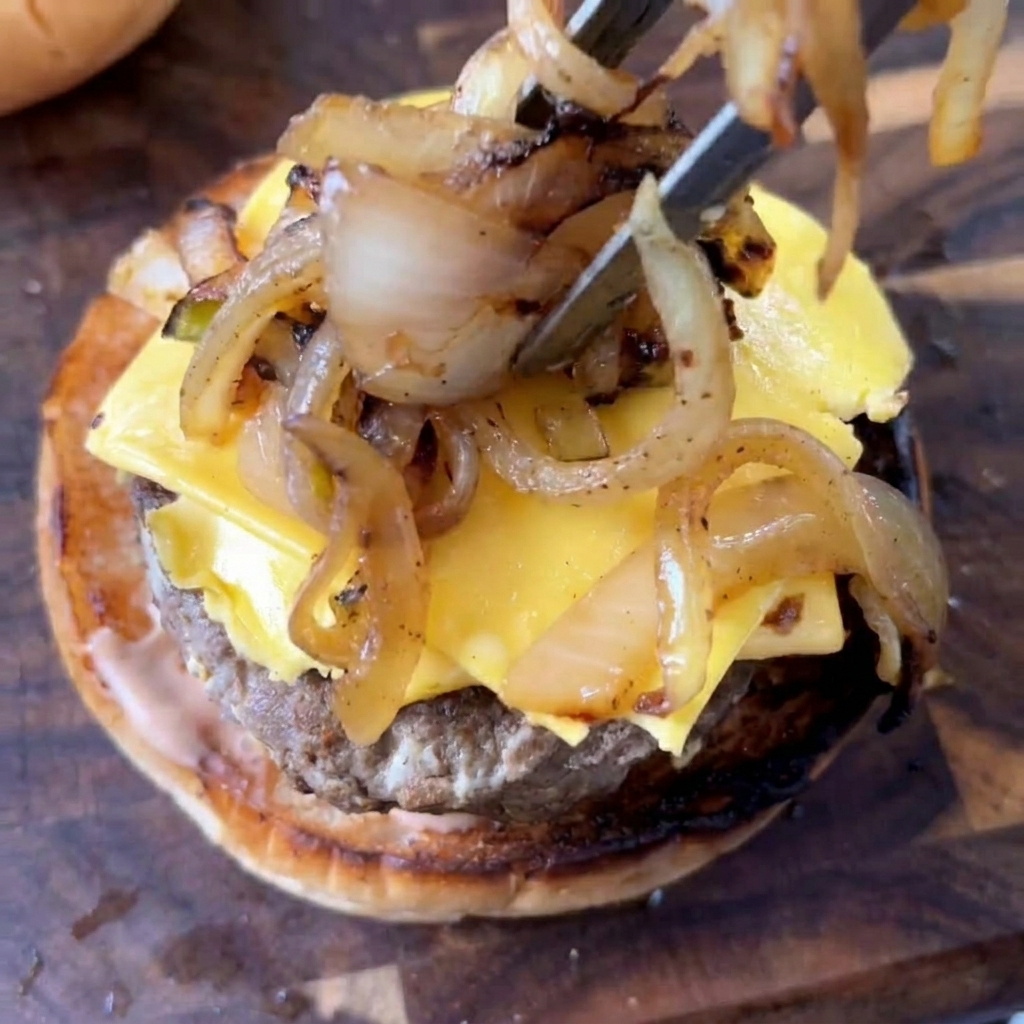 Unas pinzas colocan una porción de cebollas caramelizadas oscuras sobre la carne con queso de una hamburguesa.