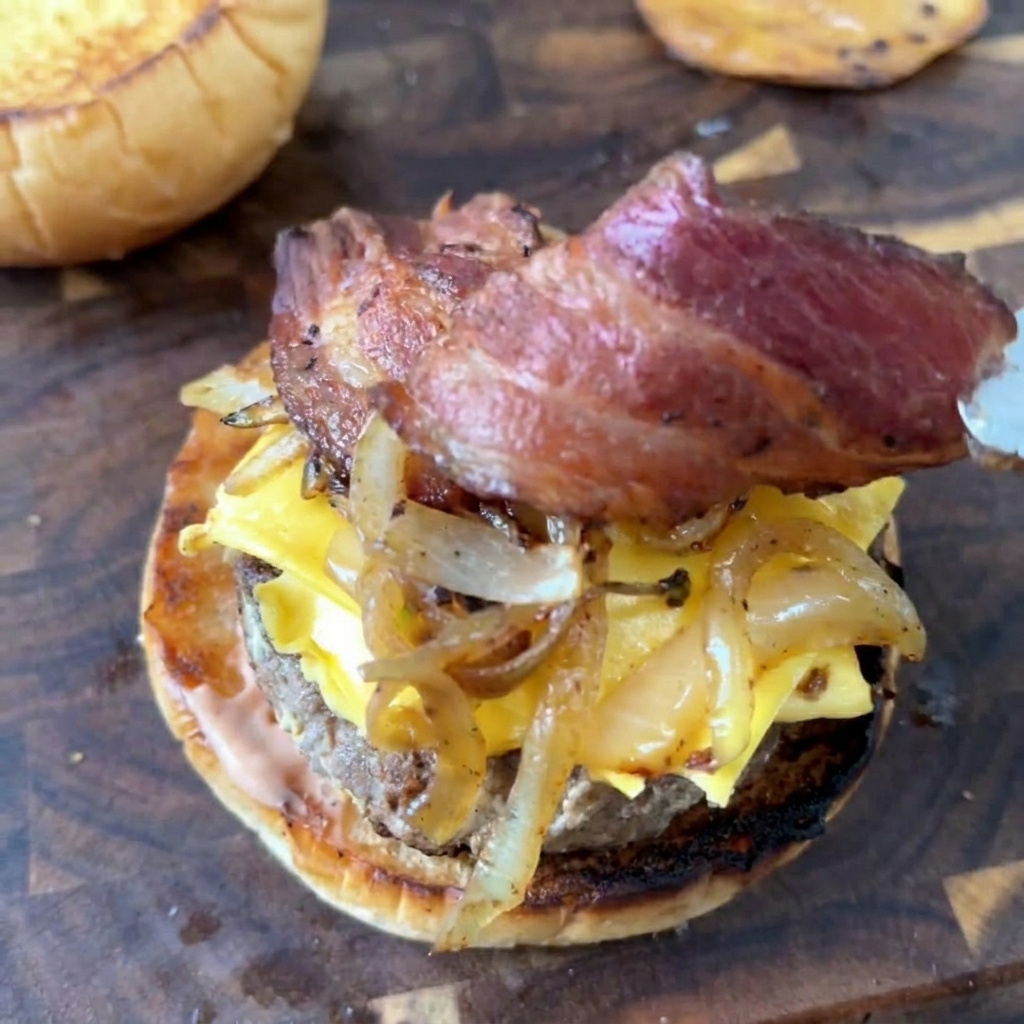 Tiras crujientes de tocino cocido siendo colocadas sobre las cebollas durante el montaje de la hamburguesa.