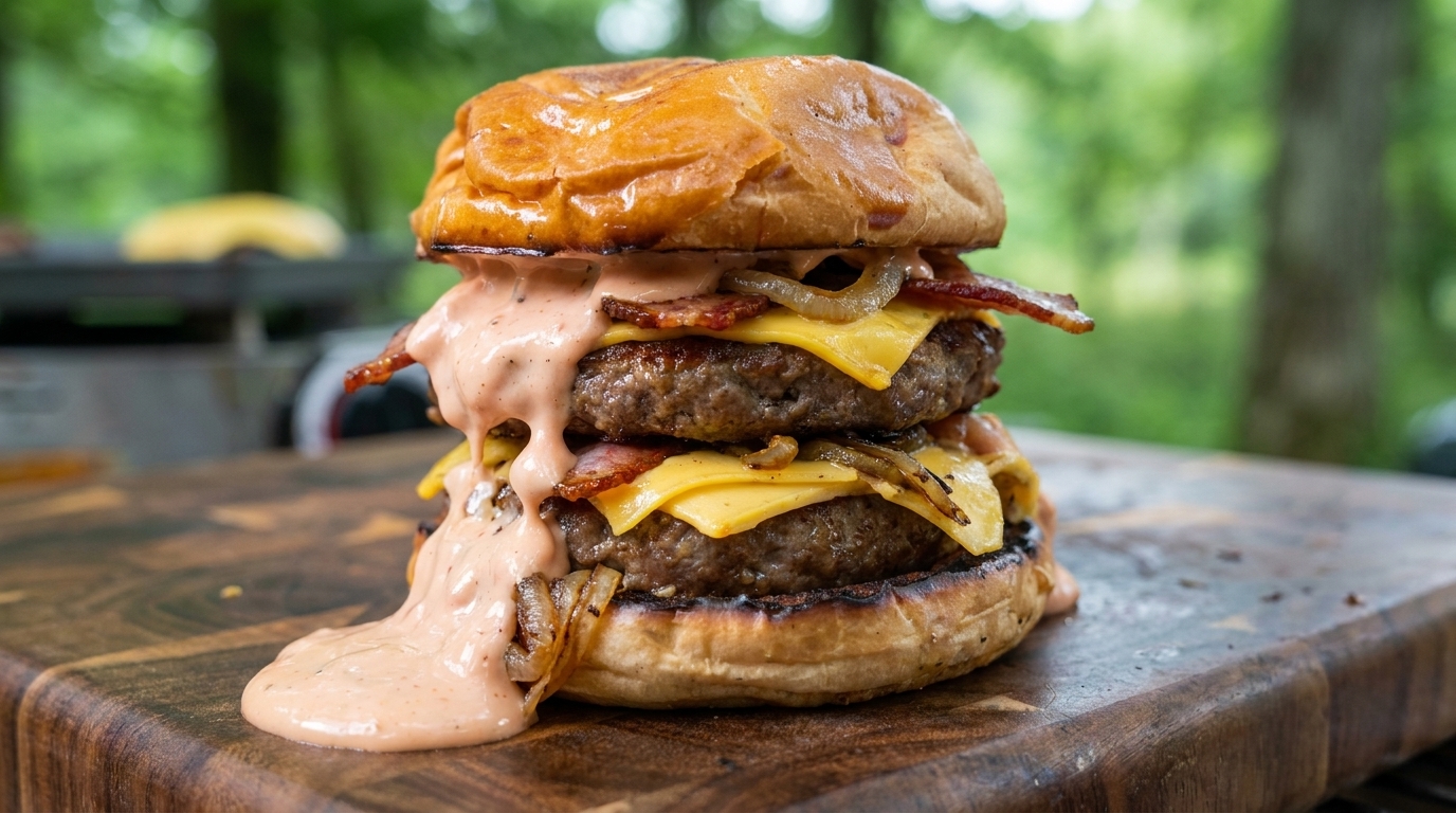 Hamburguesa Doble de Carne al Aire Libre con Salsa Rosa Casera