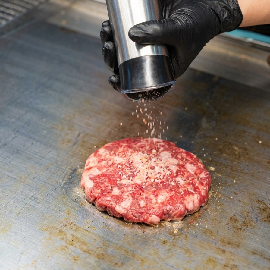 Primer plano de un molinillo eléctrico dispensando sal y pimienta sobre la hamburguesa en la plancha.