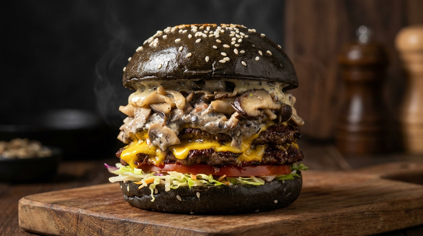 Hamburguesa Gourmet de Ternera con Crema de Trufa Negra y Champiñones