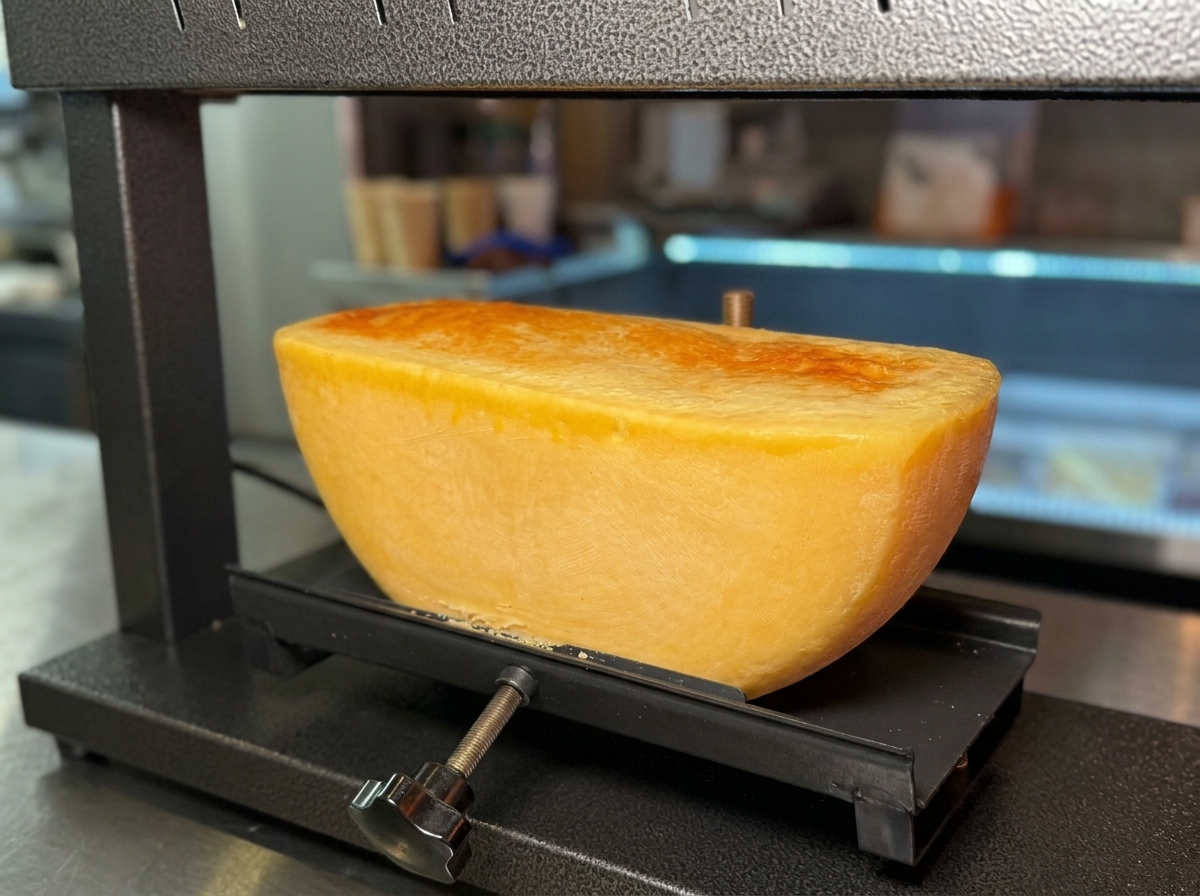Primer plano de la superficie de una rueda de queso burbujeando y dorándose intensamente bajo una fuente de calor.