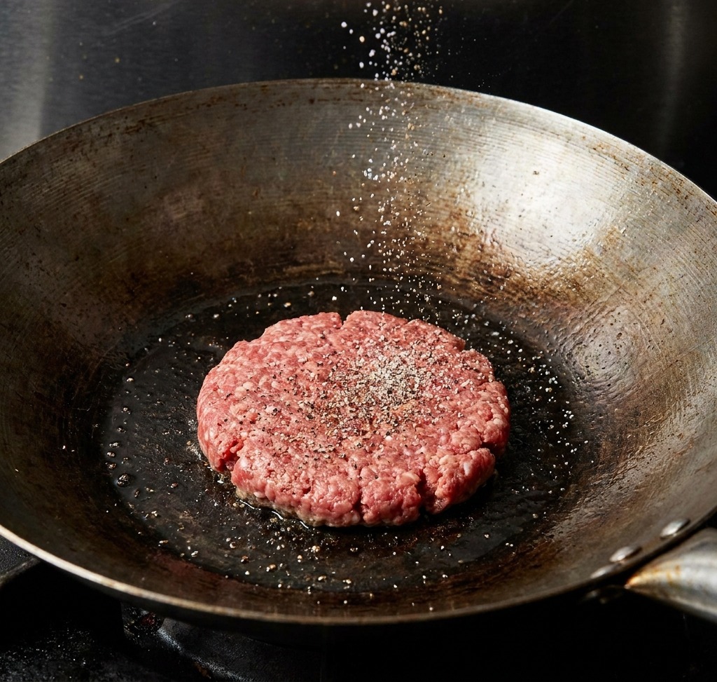 Sal y pimienta negra molida espolvoreándose sobre una carne de res cruda que se sella en una sartén caliente.