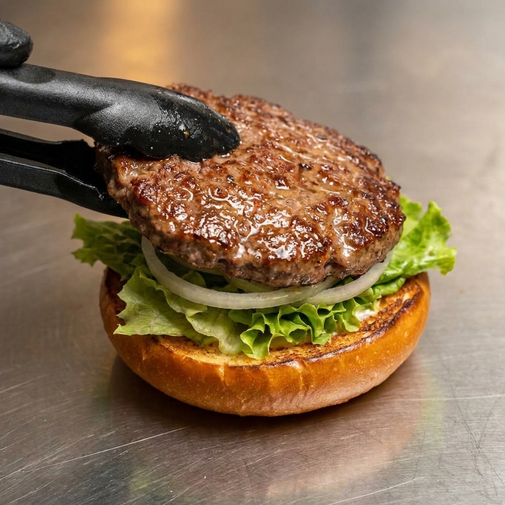 Unas pinzas colocan una jugosa carne de res dorada sobre un pan de hamburguesa preparado con lechuga y rodajas de cebolla.