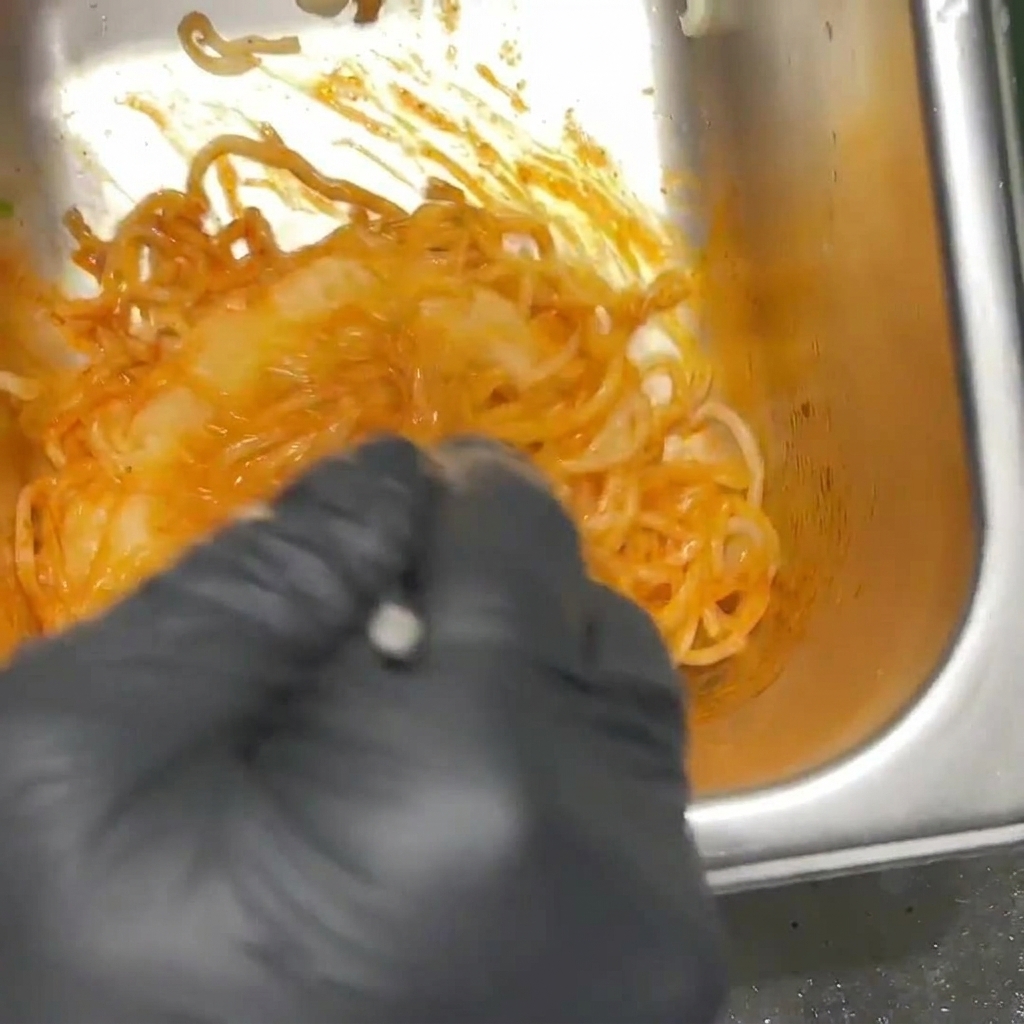 Fideos ramen de color naranja picante siendo mezclados en un recipiente de metal por una persona con guantes negros.