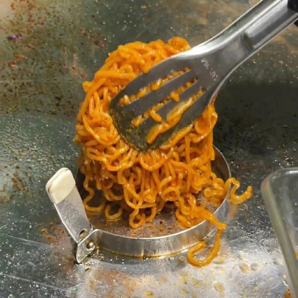 Fideos rojos picantes apilados dentro de un molde de anillo circular de acero inoxidable sobre una plancha lisa.
