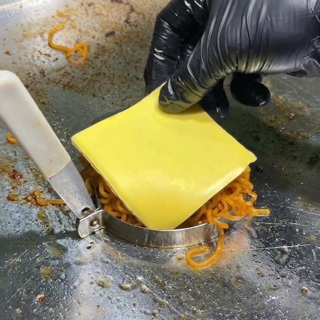 Una mano con guante coloca una rebanada de queso americano amarillo sobre una montaña de fideos picantes humeantes en un anillo de metal sobre la plancha.
