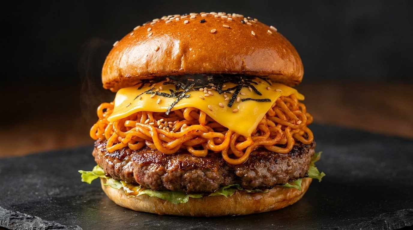 Hamburguesa Smash de Ramen Buldak Picante