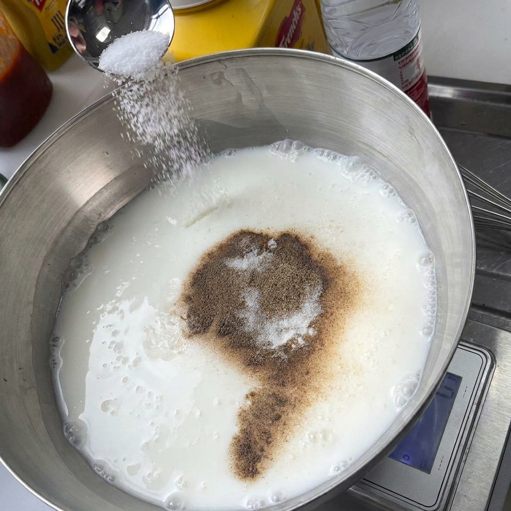 Una cucharada de sal blanca espolvoreándose en un tazón de metal con yogur y una pila de especias en polvo marrón.