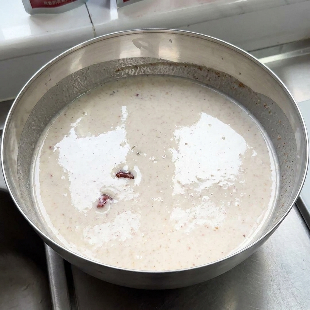 Trozos de pollo crudo reposando dentro de un tazón grande de metal lleno con un marinado de yogur especiado y cremoso.