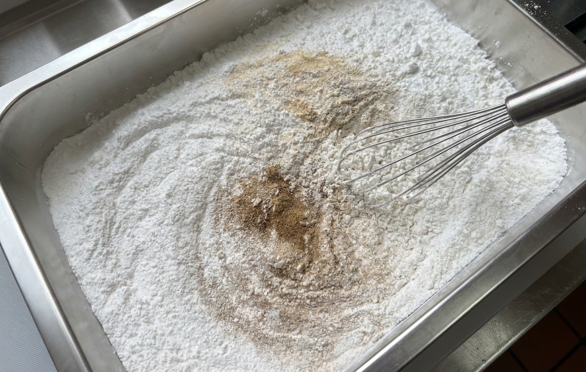 Un batidor de metal mezclando condimentos como ajo en polvo y pimienta en una bandeja de almidón de maíz blanco y harina de arroz glutinoso.
