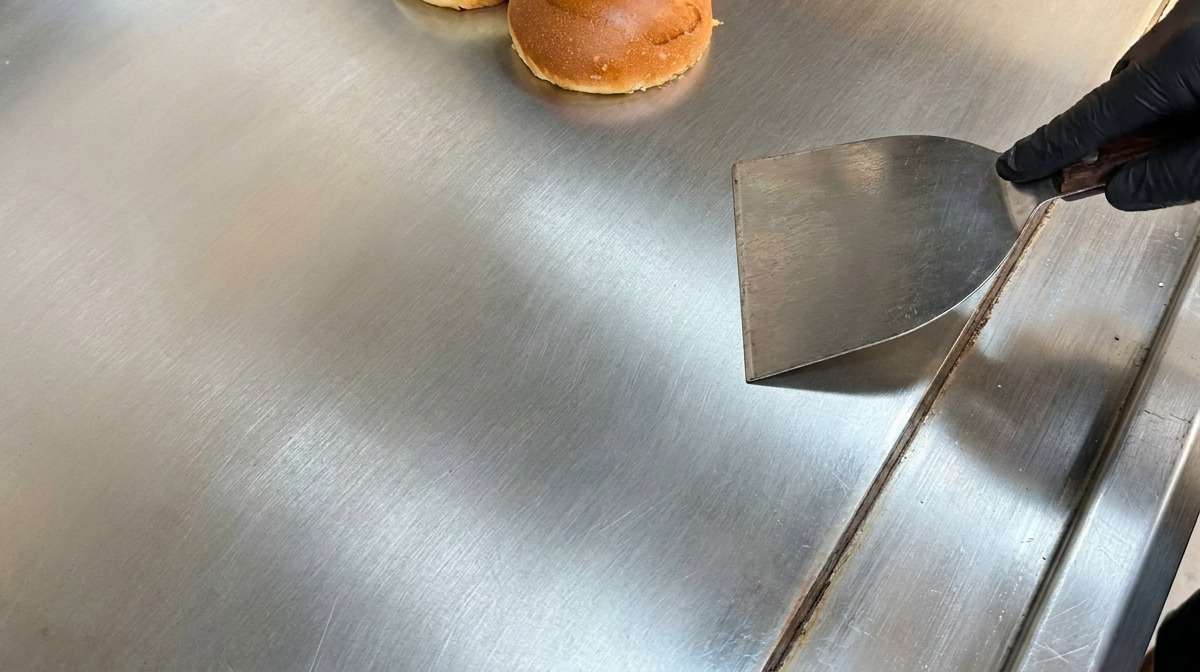 Panes de hamburguesa brioche cortados por la mitad tostándose en una gran plancha de acero inoxidable junto a una espátula de metal.