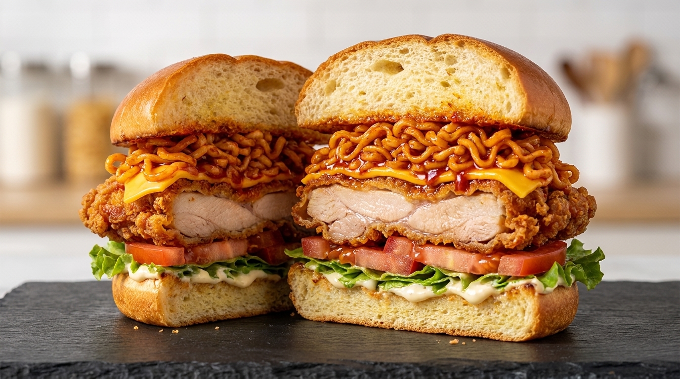 Hamburguesa de pollo picante con fideos Buldak