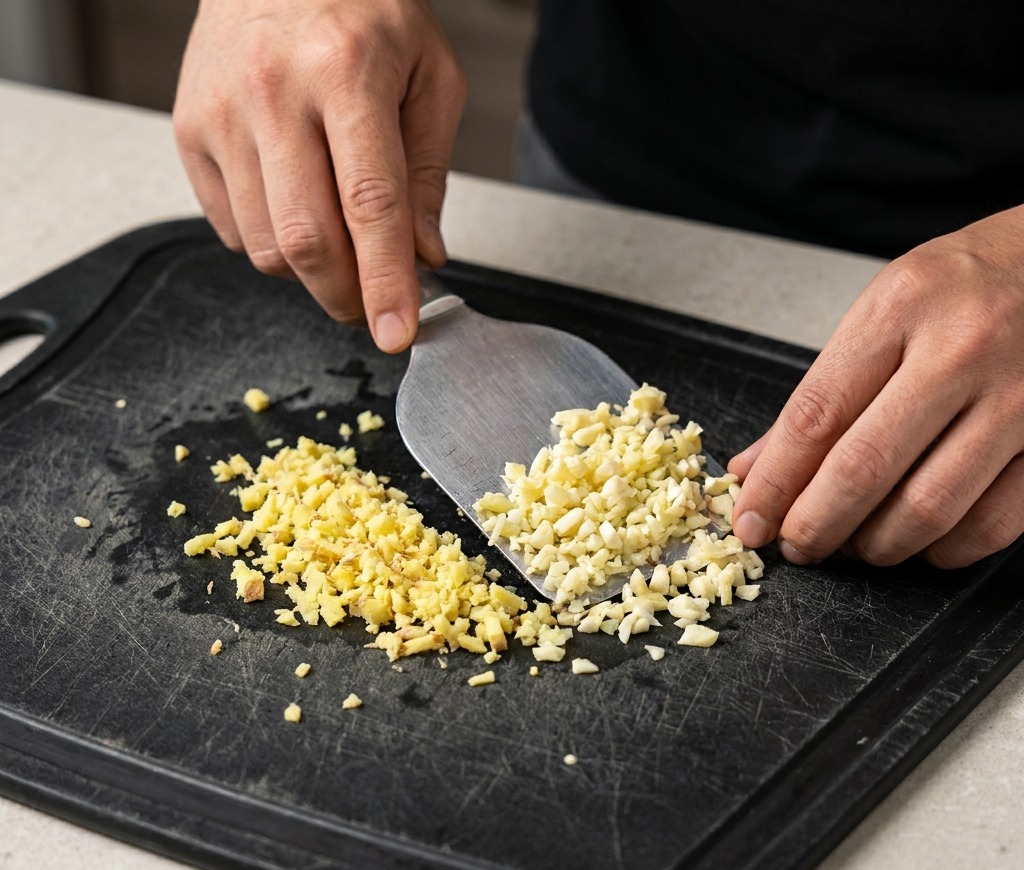 Un primer plano de ajo finamente picado que se recoge en una tabla de picar negra usando una espátula de metal.