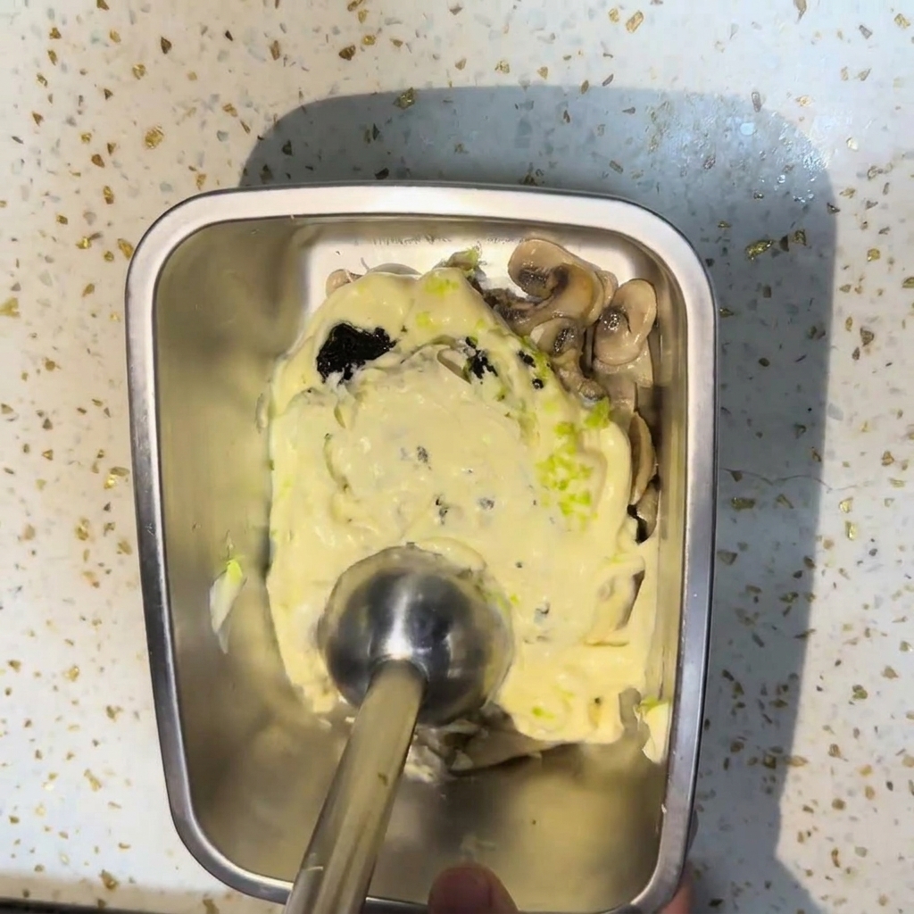 Una batidora de mano mezclando champiñones salteados, crema de leche y pasta de trufa negra en un recipiente de metal para crear una salsa suave y espesa.