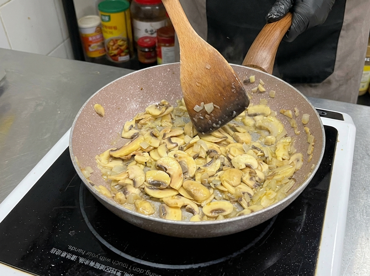 Champiñones laminados y cebollas salteándose en una sartén con una espátula de madera, mostrando un dorado visible y reducción de volumen.