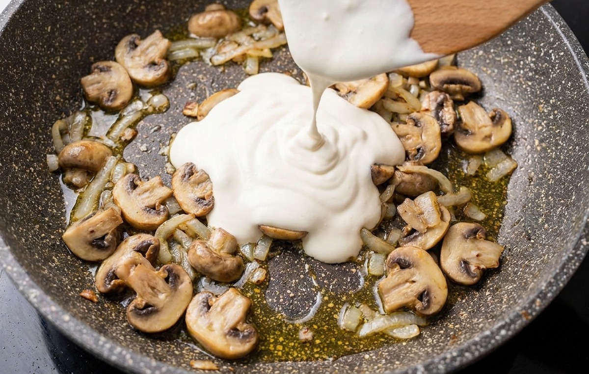 Crema de leche blanca y espesa vertiéndose desde una espátula en una sartén con champiñones y cebollas dorados.