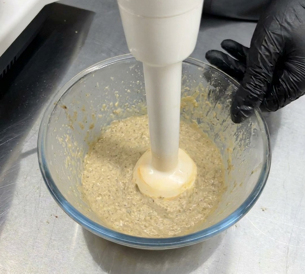 Una batidora de mano blanca utilizándose en un tazón de vidrio transparente para triturar una mezcla cocida de champiñones y crema hasta lograr una salsa suave.