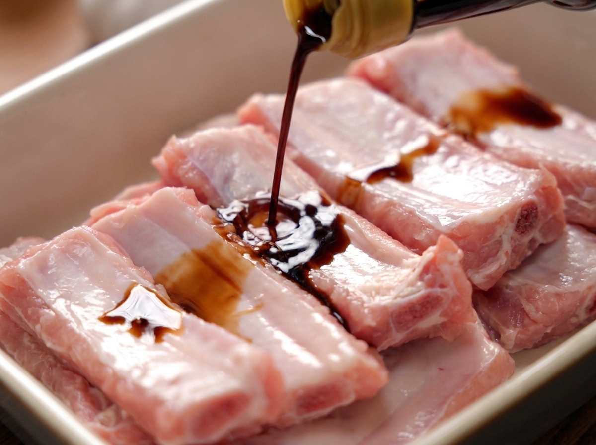 Un fino hilo de salsa de soja oscura vertiéndose sobre costillas de cerdo limpias y pálidas en un recipiente blanco.