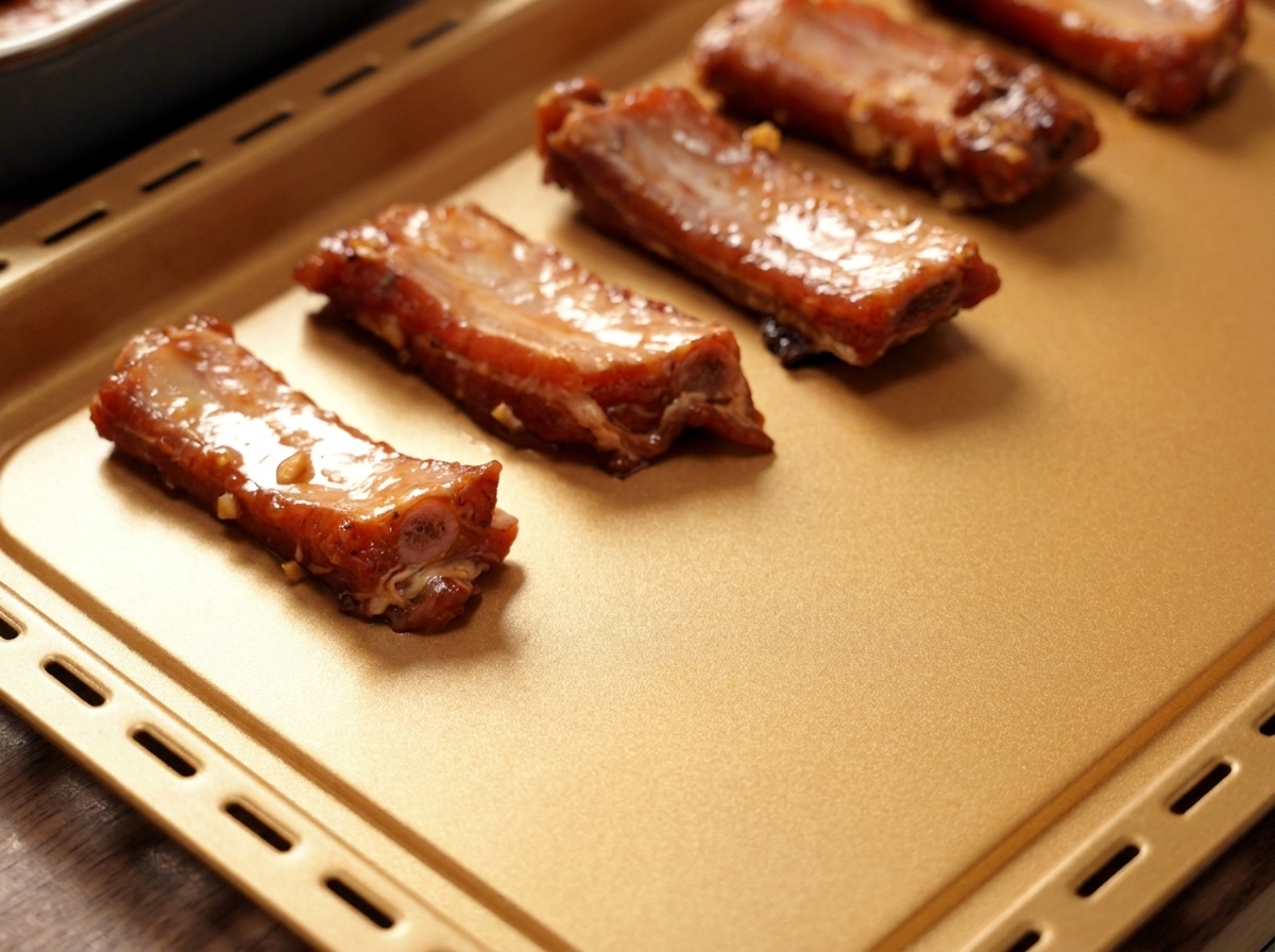 Cinco costillas de cerdo marinadas distribuidas uniformemente en una sola capa sobre una bandeja de hornear rectangular de color dorado.