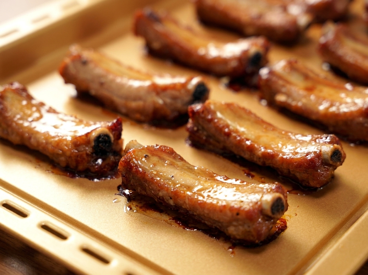 Una bandeja de costillas de cerdo parcialmente cocidas y de color marrón dorado dispuestas de forma ordenada después de darles la vuelta.