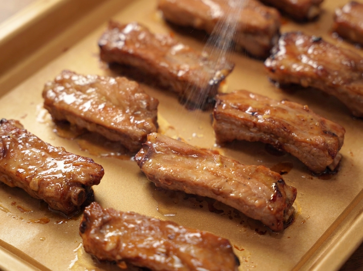 Una fina neblina de aceite de cocina siendo pulverizada sobre la superficie de costillas de cerdo asadas en una bandeja de horno.
