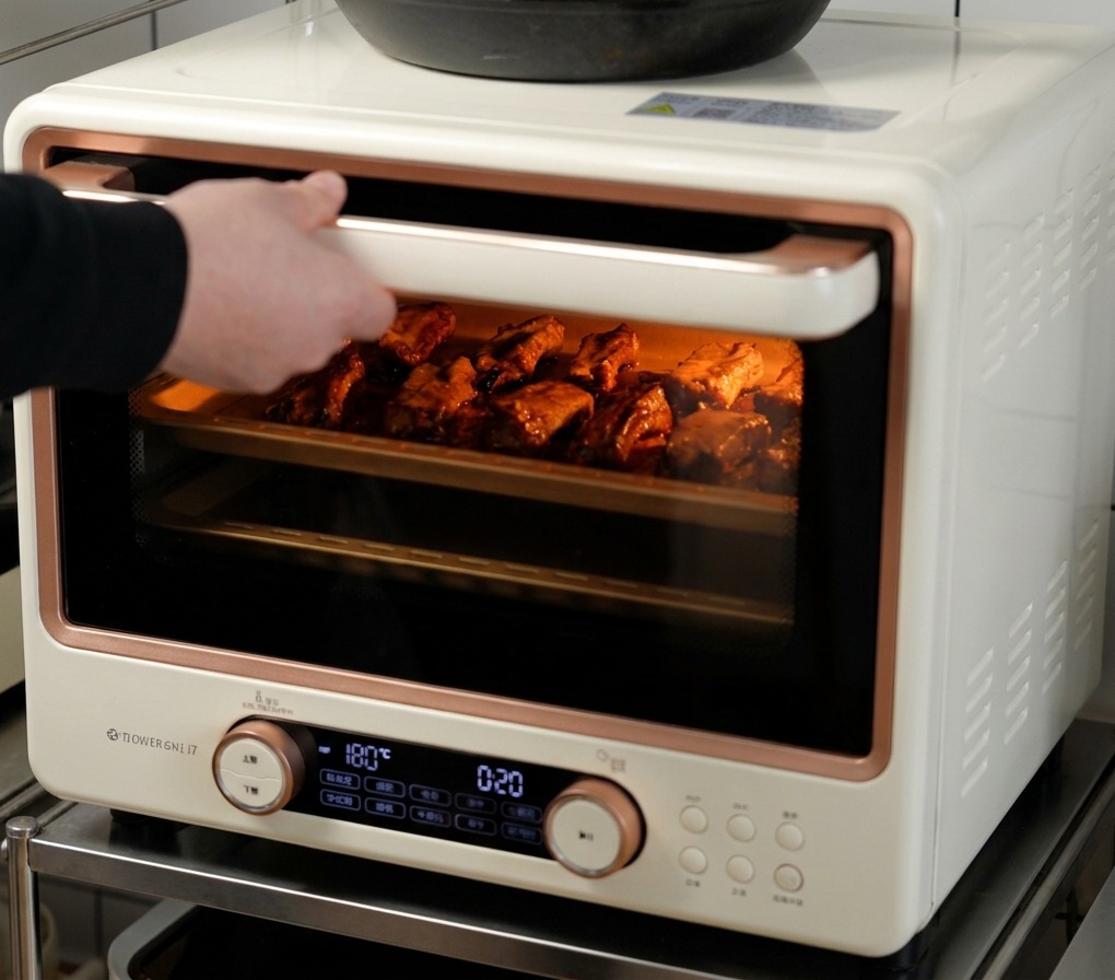 Una vista a través de la puerta de un horno que muestra costillas de cerdo asándose en una bandeja hasta que están doradas y burbujeando.