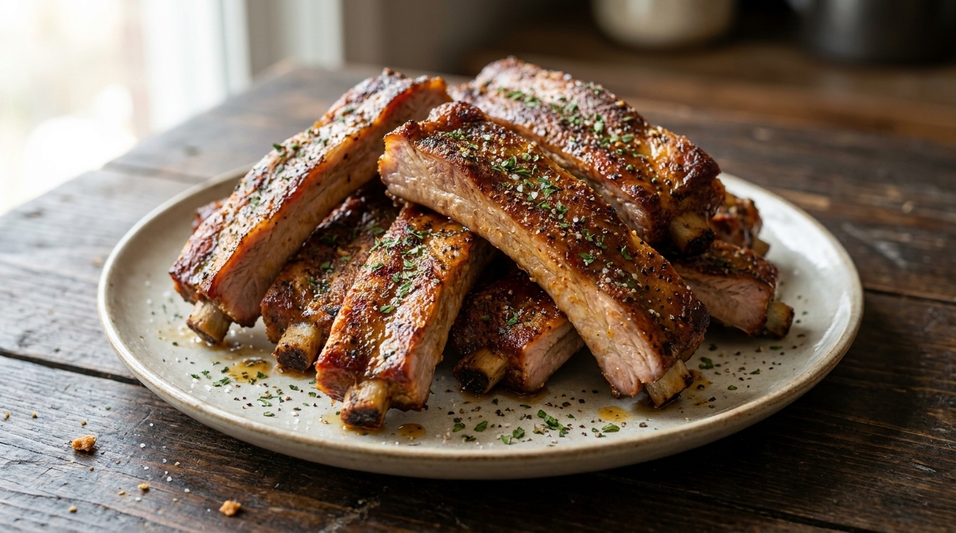 Costillas de cerdo asadas a la sal y pimienta crujientes (con toque de ajo)