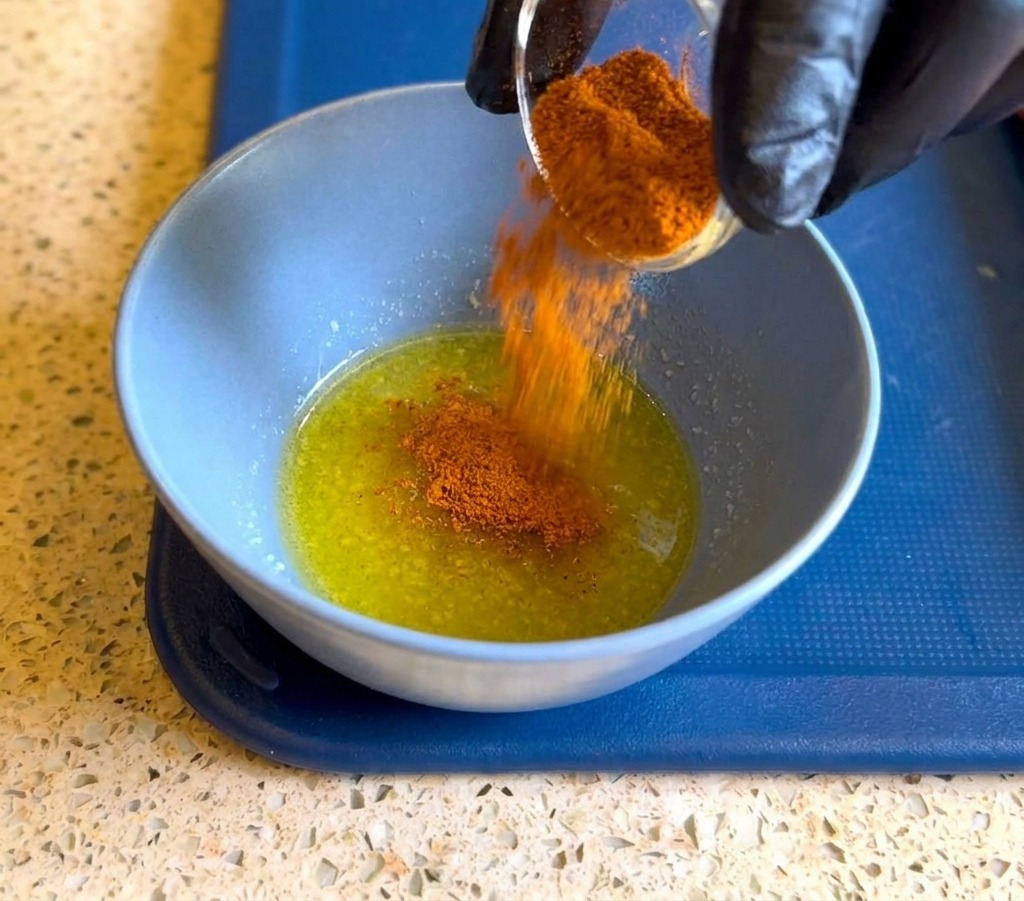 Una persona con guante negro vierte un pequeño plato de especias de color rojo anaranjado en un bol azul con mantequilla amarilla derretida.