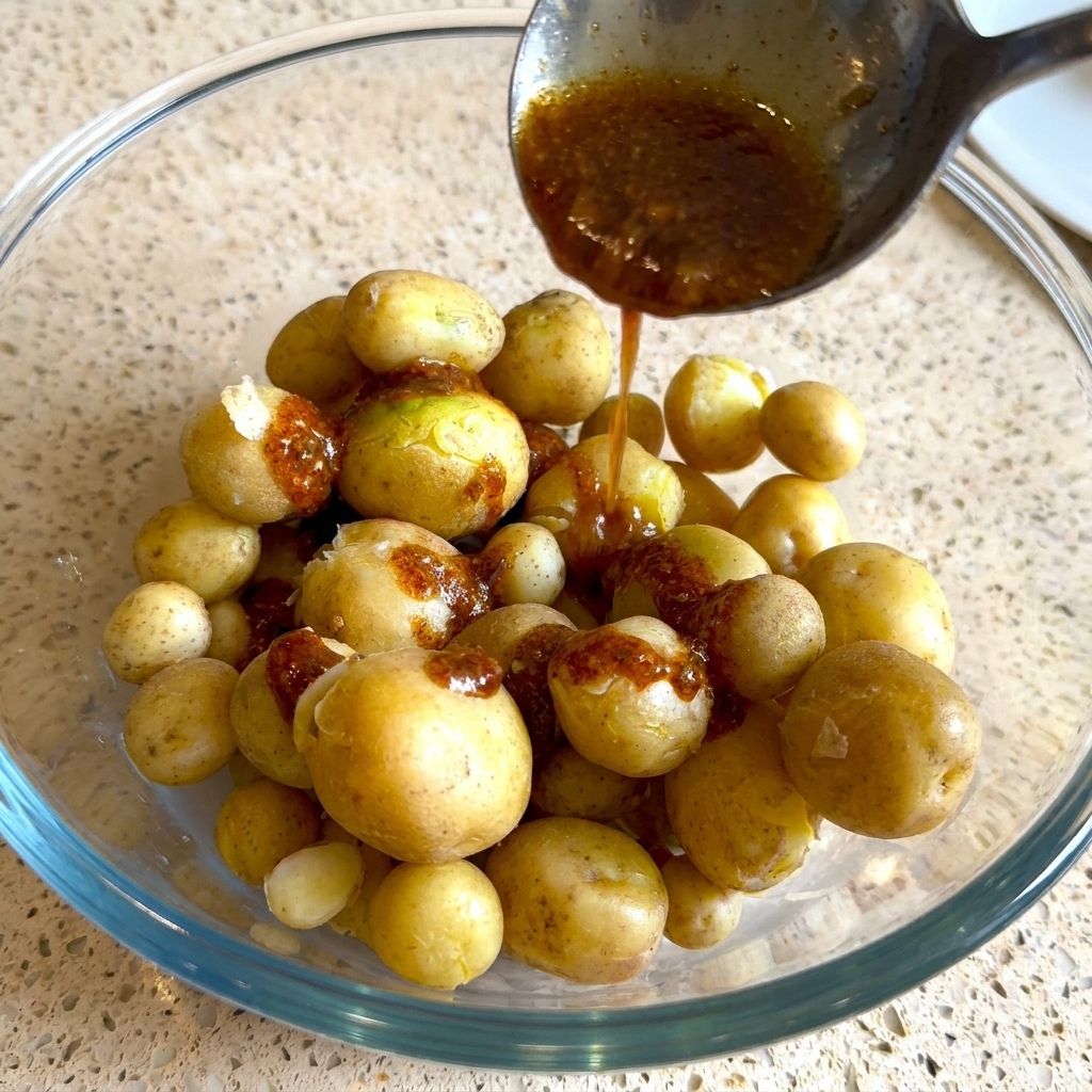 Una cuchara vierte un marinado de color marrón rojizo oscuro sobre un bol lleno de patatas cambray amarillas, enteras y precocidas.