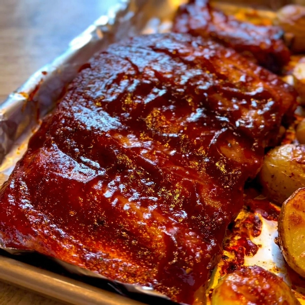 Primer plano de un pincel de cocina extendiendo salsa barbacoa espesa de color rojo oscuro sobre un costillar asado.