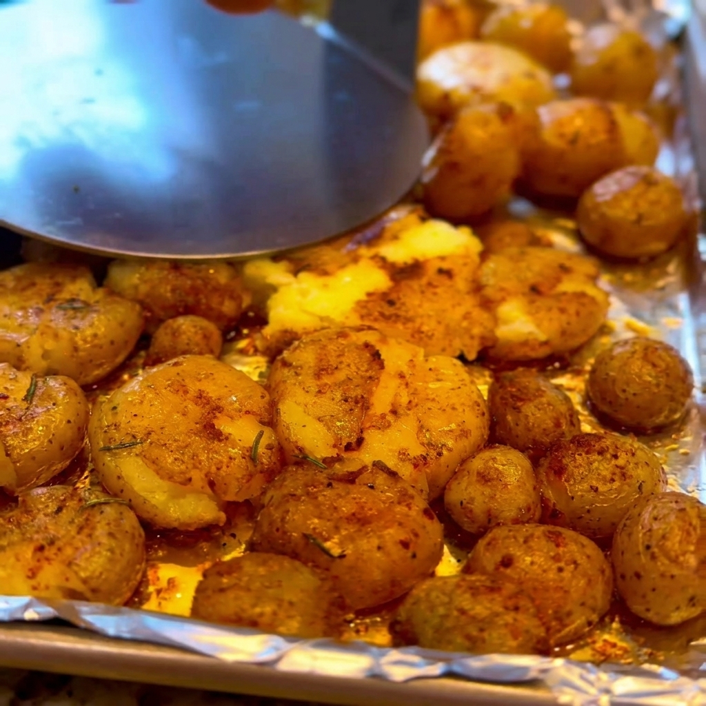 Una mano usa un machacador de metal redondo para aplastar patatas asadas de color marrón dorado en una bandeja de horno plateada.